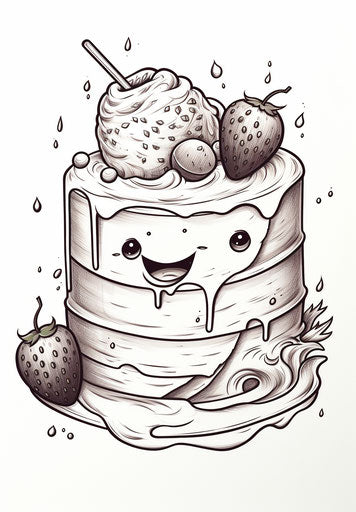 Coloring page with cute faced cake in precisionist style