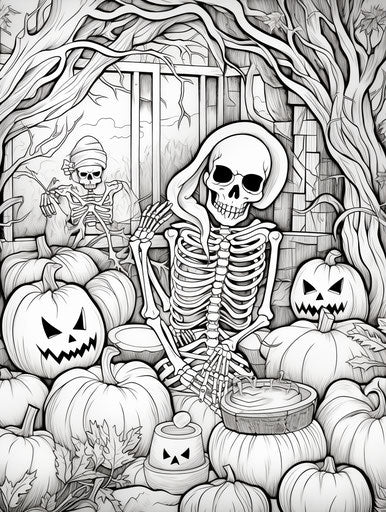 Halloween coloring page with pumpkins and skeletons