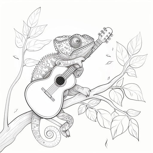 Whimsical chameleon playing a tiny guitar on a branch. Coloring book page