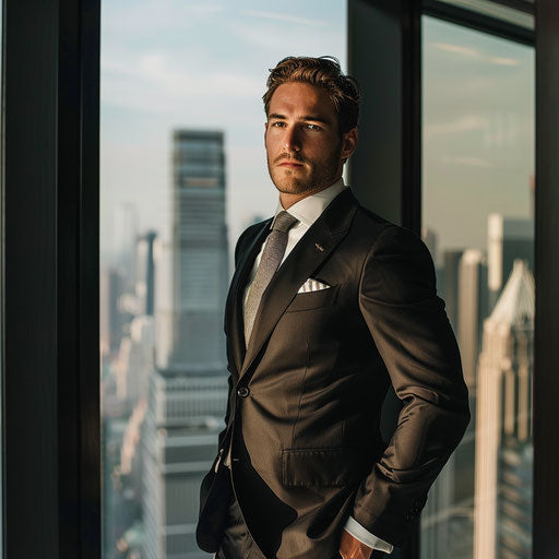 Confident businessman in tailored suit overlooking city