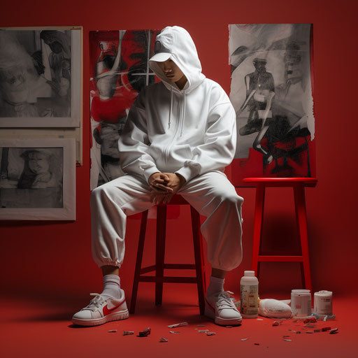 Man sitting on stool with white hoodie and red sneakers