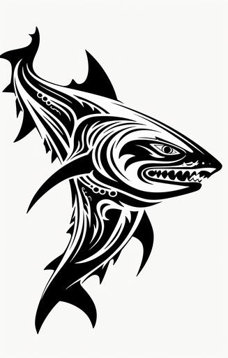 Black and white tribal shark illustration in elegant realism style, traditional poses, Papua New Guinea art, abstract form, high quality photo, symbolic images 41:64