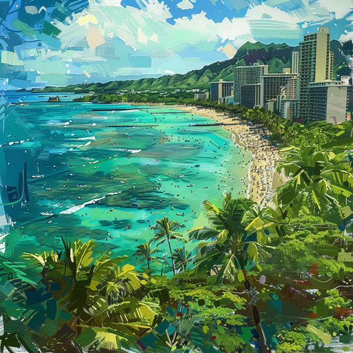 Waikiki Beach surrounded by lush greenery and clear waters