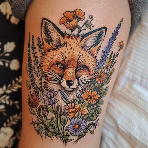 Wildflower tattoo with fox, earthy tones, detailed animal, woodland theme