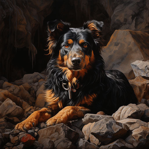 Rescue dog on rocks looking, light orange and dark black style, sumatraism