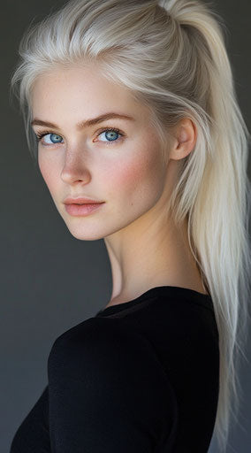 Portrait of woman with platinum blonde ponytail in black