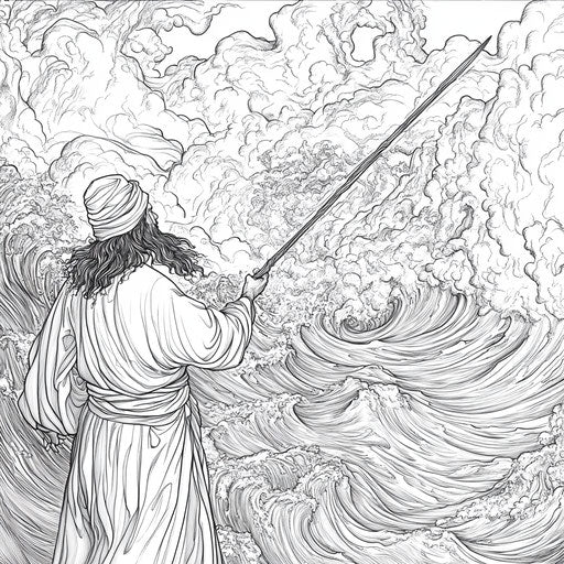 Moses dividing the Red Sea with intricate waves