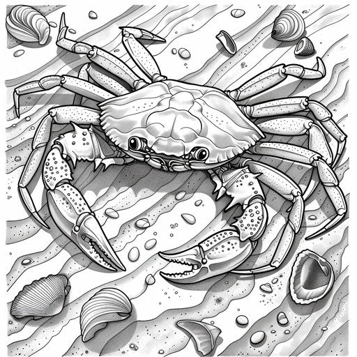 Crab on beach with seashells, coloring book page