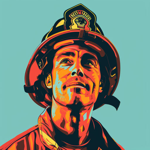 Realistic illustration of a fireman on a flat turquoise background