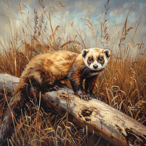 Curious black-footed ferret exploring fallen log in thick grassland