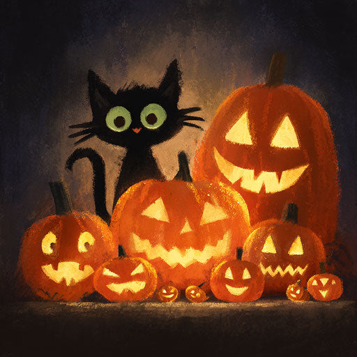 Spooky Halloween Jack-o'-Lanterns with a Cat
