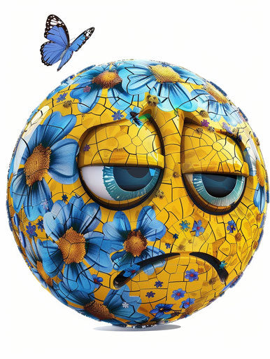 Sad and confused yellow face with blue flowers