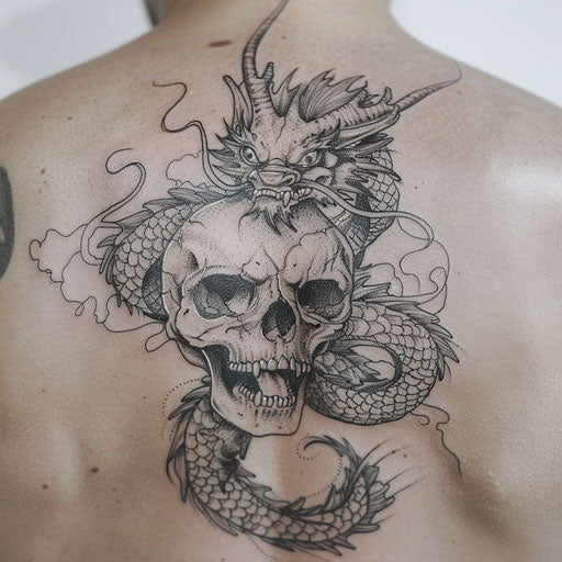 Skull tattoo with dragon on white backdrop