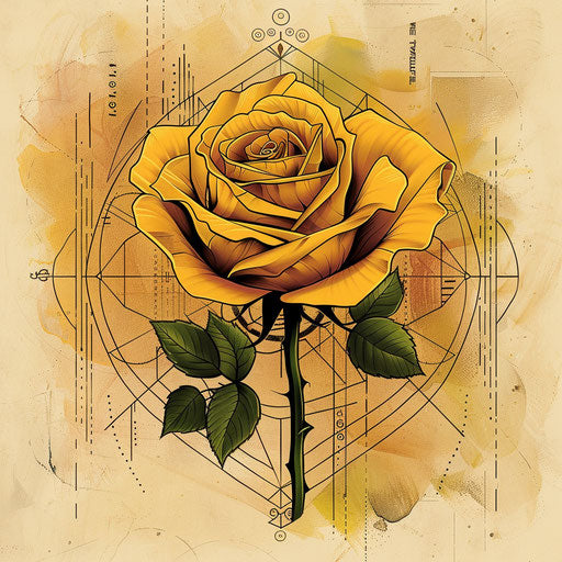 Stylized flat tattoo sketch of a yellow rose with geometric patterns