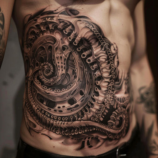 Intricate biomechanical stomach tattoo designs