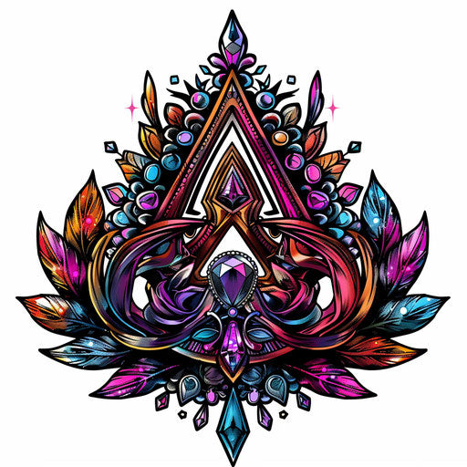 Luxurious tattoo sketch with a jewel-encrusted anarchy symbol, rich colors