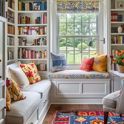 Bright and cheerful home office with wall-to-wall bookshelves
