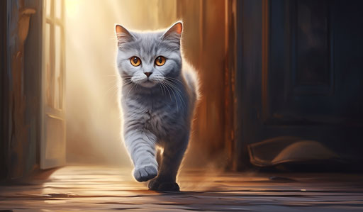 gray cat walking in the house, light indigo and light amber style