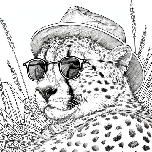 Cheetah with sunglasses and hat relaxing in shade