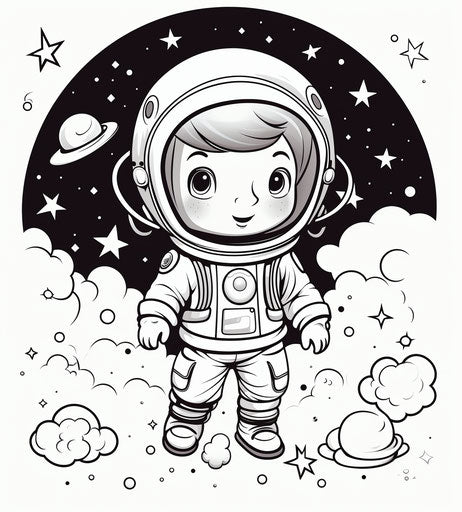 Coloring page of a little astronaut with stars, comic art