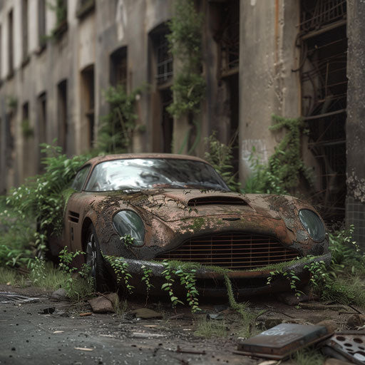 Rusted Aston Martin DB7 Zagato, post-apocalyptic, overgrown with vines, in a deserted urban environment