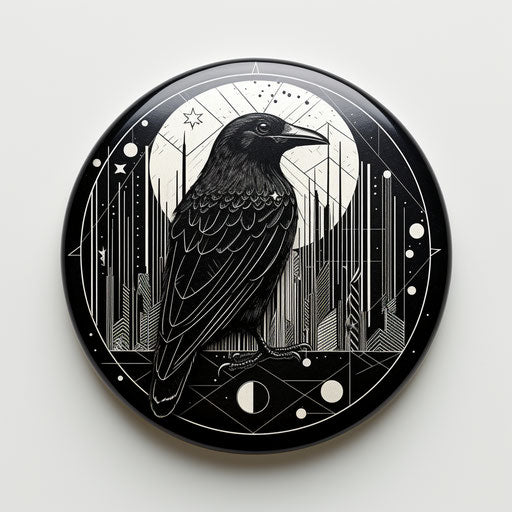 Black and white button with raven bird illustration in the sky