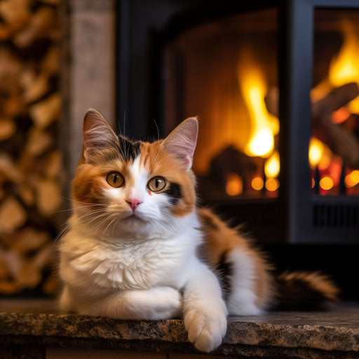Calico cat in front of a fire in a fireplace
