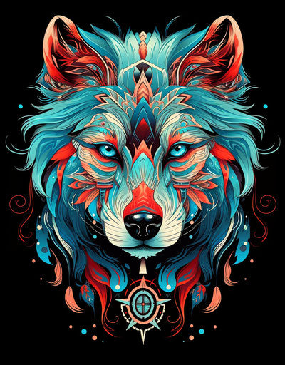 Tribal wolf tattoo design with dark red and light azure