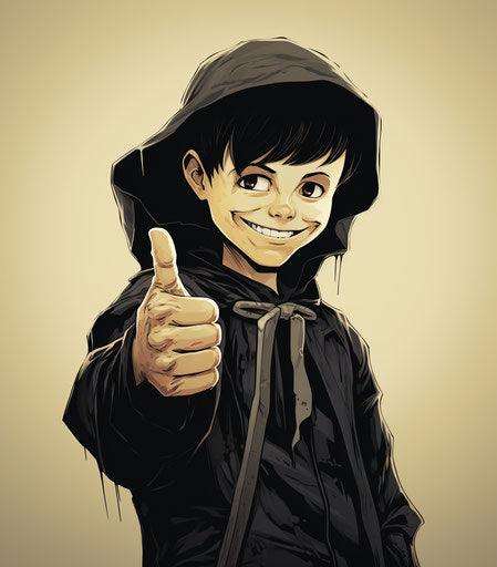 Boy in black shirt with scythe giving thumbs up