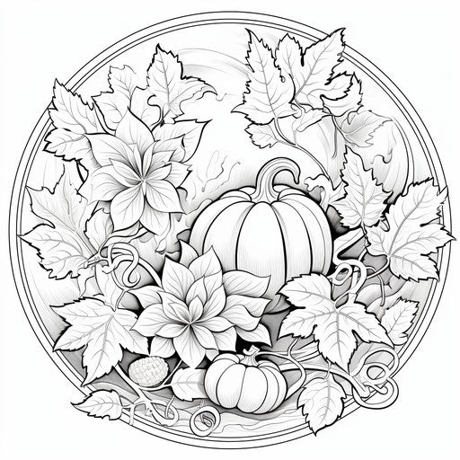 Pumpkin flower and leaves in a circle coloring page for kids