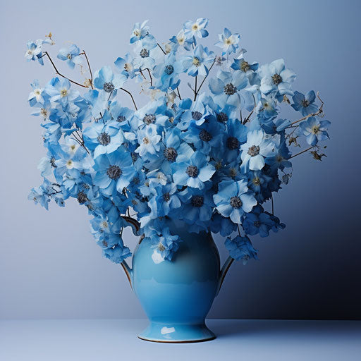 Vase of blue flowers, light cyan style, natural symbolism