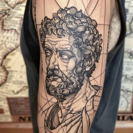 Tattoo sketch of Marcus Aurelius with Roman Empire map