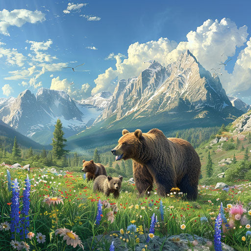 Grizzly bear and cubs crossing flowery meadow