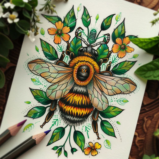 Nature-inspired tattoo sketch of a queen bee among green leaves and tiny blossoms in a vibrant clipart style