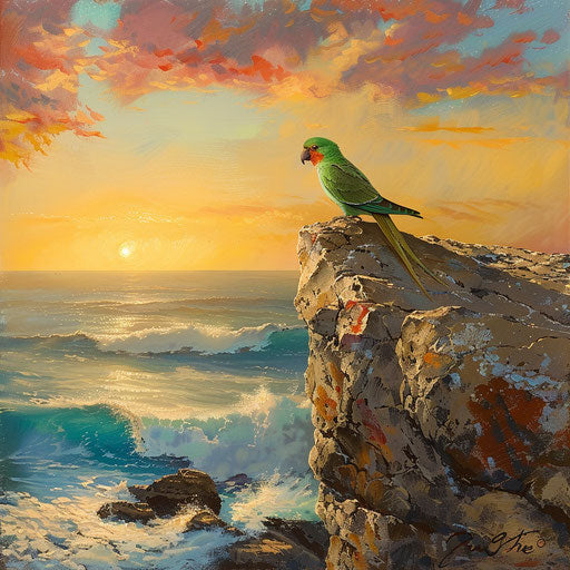 Swift parrot on rocky outcrop at sunset