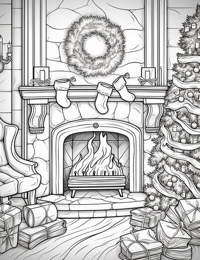 Christmas fireplace coloring page