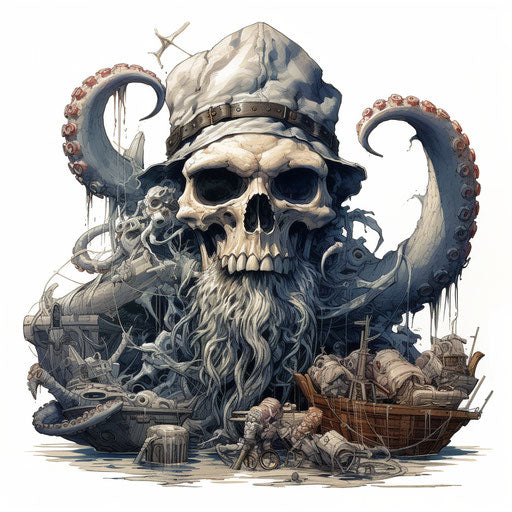 Pirate with skull and octopus, Jim Mahfood style, quirky shapes, detailed still life