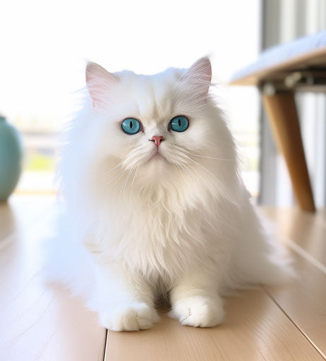 Persian cat with big eyes on wooden floor, in white and aquamarine style, y2k aesthetic, 1st version, so beautiful 26:29