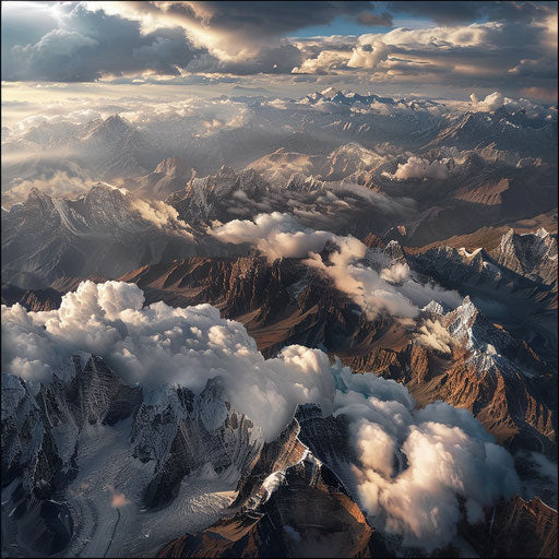 Aerial view of the Kunlun Mountains under dramatic clouds