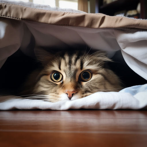 A Siberian cat under bed covers with head sticking out