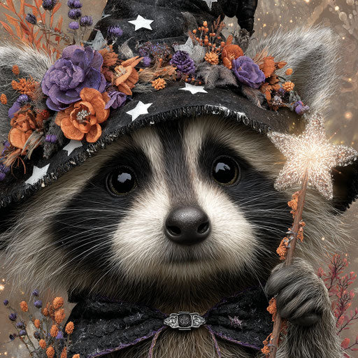 Charming Raccoon in a Witch's Hat and Cape