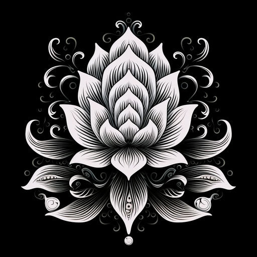 Black and white pattern of an ornamental lotus flower