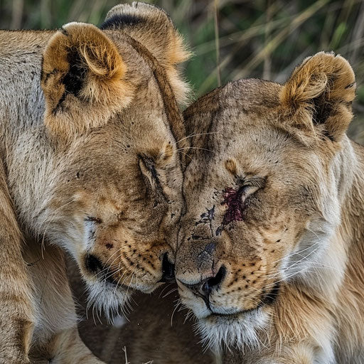 A poignant scene of a lioness tenderly caring for her injured mate