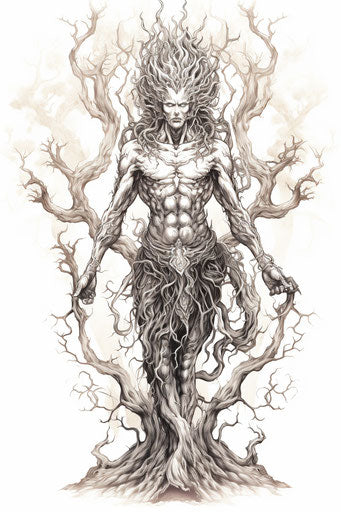 Fire deity on a tree, detailed vector art illustration