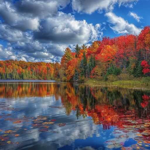 Porcupine Mountains, Michigan with vibrant autumn foliage reflecting in a lake