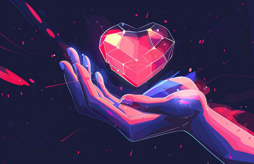 Hand holding and showing heart, animated gif style, dark navy and pink, princesscore, emotive realism, isometric, larme kei, Chinese iconography 17:11