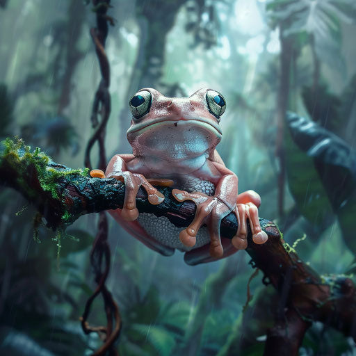 Tree frog in the rain on a misty forest morning