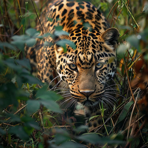 The Amur leopard stealthily navigating dense underbrush