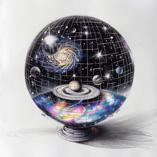 Sketch of cosmic disco ball tattoo with galaxies and stars