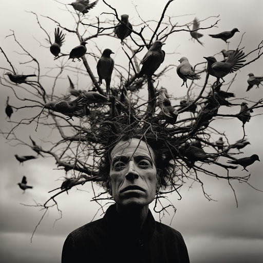 Silhouette of a man's face with birds flying in the sky
